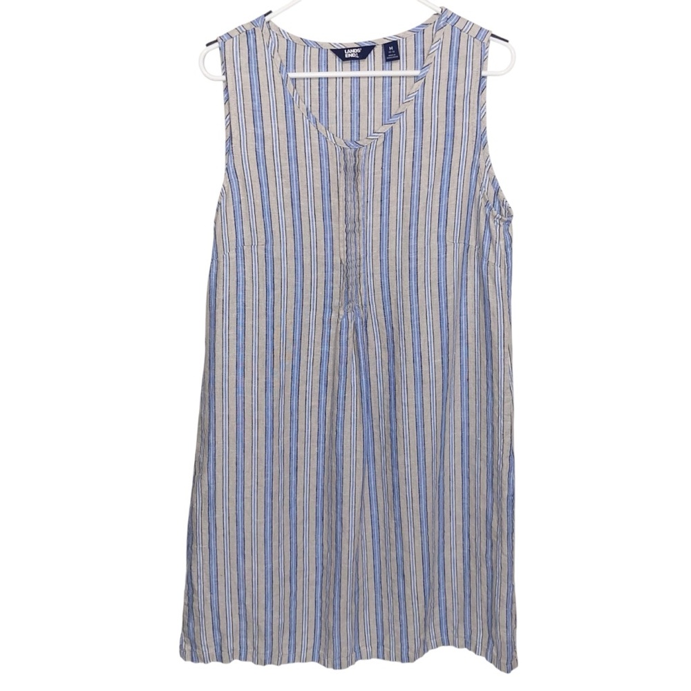 Lands End Dress Medium (10-12) Womens Linen Shift Coastal Resortwear Beachy Blue